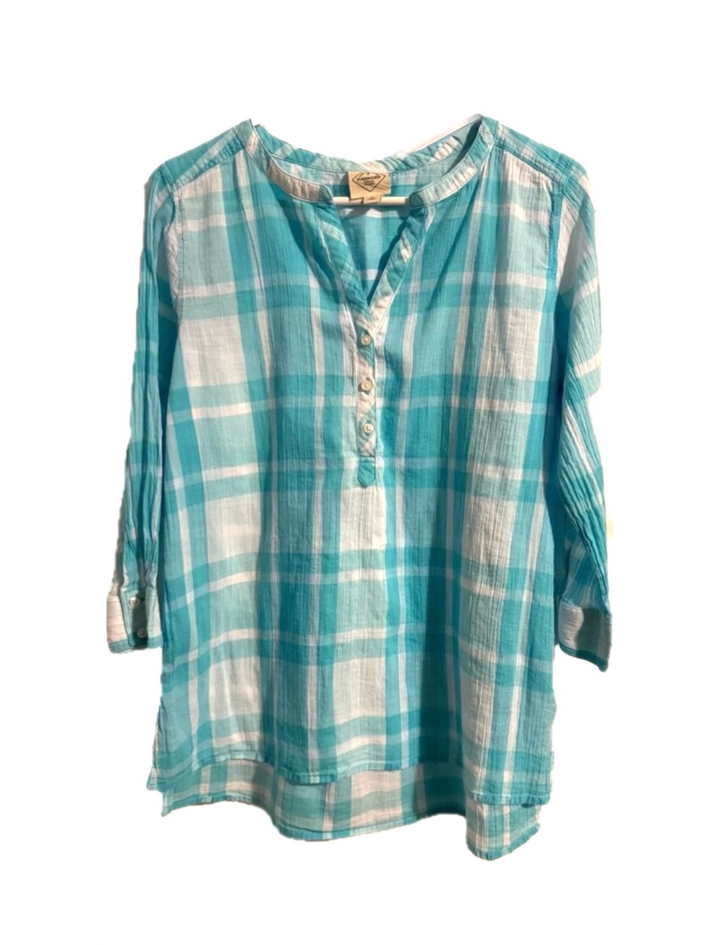 St John’s Bay Teal Blue Plaid Cotton Linen Split Neck Henley Tunic Top M